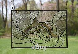 Tiffany Style stained glass Clear Beveled Dolphin window panel, 24.25 x 16.5