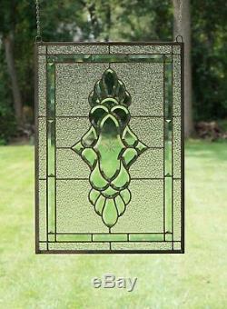 Tiffany Style stained glass Green & Clear Beveled window panel 19 x 27