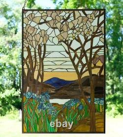 Tiffany Style stained glass hanging window panel Dawn in Valley 24 x 36