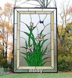 Tiffany Style stained glass hanging window panel iris flower. 24 x 36