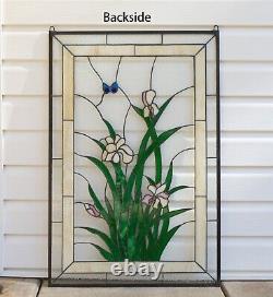 Tiffany Style stained glass hanging window panel iris flower. 24 x 36