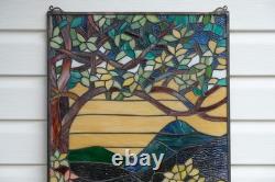 Tiffany Style stained glass window panel Dawn in Valley. 20 x 33.75