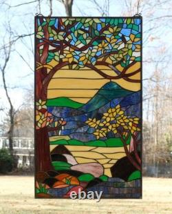 Tiffany Style stained glass window panel Dawn in Valley. 20 x 33.75