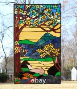 Tiffany Style stained glass window panel Dawn in Valley. 20 x 33.75