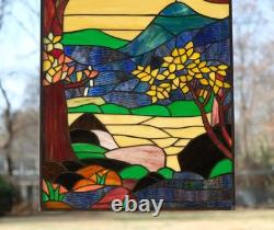 Tiffany Style stained glass window panel Dawn in Valley. 20 x 33.75
