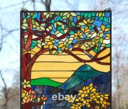 Tiffany Style stained glass window panel Dawn in Valley. 20 x 33.75