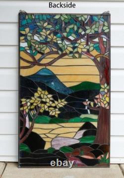 Tiffany Style stained glass window panel Dawn in Valley. 20 x 33.75
