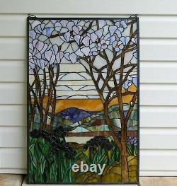 Tiffany Style stained glass window panel Dawn in Valley. 24 x 36