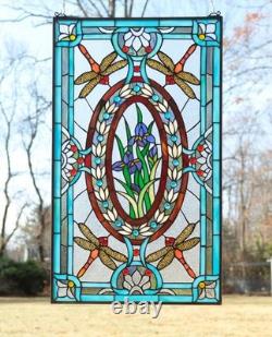 Tiffany Style stained glass window panel Dragonfly & Iris Flower 20 x 33.75HF