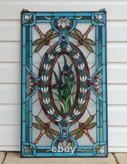 Tiffany Style stained glass window panel Dragonfly & Iris Flower 20 x 33.75HF