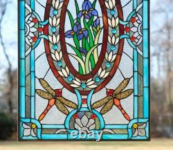 Tiffany Style stained glass window panel Dragonfly & Iris Flower 20 x 33.75HF