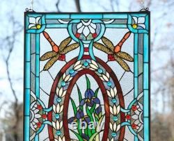 Tiffany Style stained glass window panel Dragonfly & Iris Flower 20 x 33.75HF