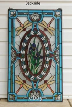 Tiffany Style stained glass window panel Dragonfly & Iris Flower 20 x 33.75HF