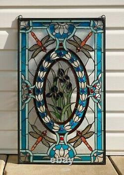 Tiffany Style stained glass window panel Dragonfly & Iris Flowers, 20.5 x 34