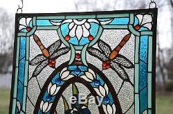 Tiffany Style stained glass window panel Dragonfly & Iris Flowers 20.5 x 34.75