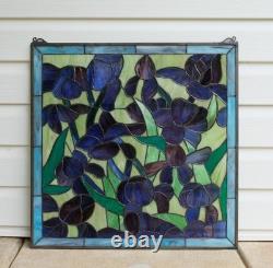Tiffany Style stained glass window panel Iris Flowers, 24 x 24 HF575