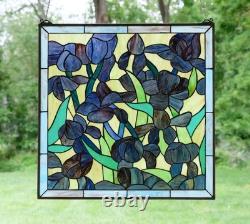 Tiffany Style stained glass window panel Iris Flowers, 24 x 24 HF575