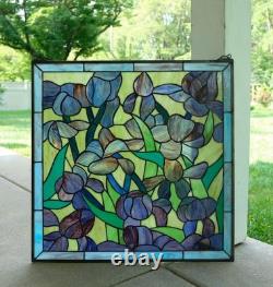 Tiffany Style stained glass window panel Iris Flowers, 24 x 24 HF575