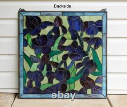 Tiffany Style stained glass window panel Iris Flowers, 24 x 24 HF575
