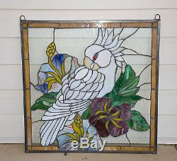 Tiffany Style stained glass window panel Parrot White Cockatoo Bird Flower 24x24