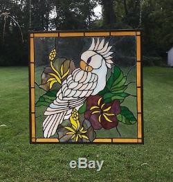 Tiffany Style stained glass window panel Parrot With Flowers 24.75 x 24.75