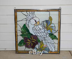 Tiffany Style stained glass window panel Parrot With Flowers 24.75 x 24.75