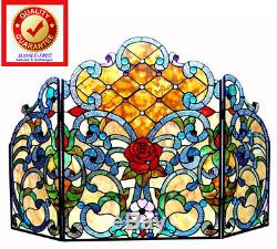Tiffany Victorian Style Stained Glass 3 Panel Fireplace Screen 44 x 28