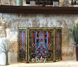 Tiffany Victorian Style Stained Glass Fireplace Screen Foldable 3-Panel Guard