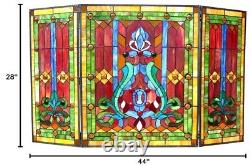 Tiffany Victorian Style Stained Glass Fireplace Screen Foldable 3-Panel Guard