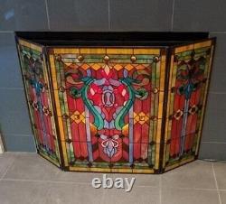 Tiffany Victorian Style Stained Glass Fireplace Screen Foldable 3-Panel Guard