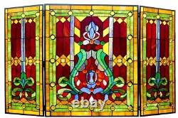 Tiffany Victorian Style Stained Glass Fireplace Screen Foldable 3-Panel Guard