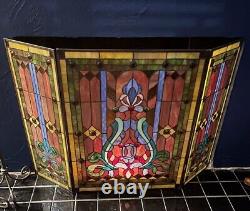 Tiffany Victorian Style Stained Glass Fireplace Screen Foldable 3-Panel Guard