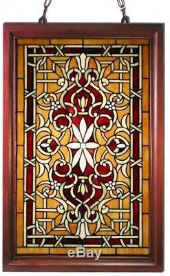 Tiffany-style Window Panel Stained Glass Wooden Frame Decorative Art