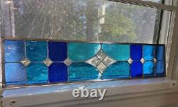 Transom Stained Glass Window Panel withBevels Blue/Turquoise Tones, size 30 x 7