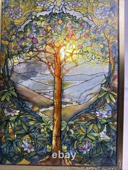 Tree Of Life Stained Glass Panel Signed Louis C. Tiffany. Reproduction. 13X9