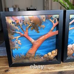 Tryptich 3 Piece Stained Glass Wall Art Copper Bridge Trees