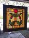 Tulip Flower Stained Glass Window Panel Wood Frame Antique Vtg