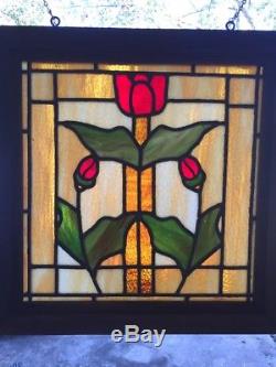 Tulip Flower Stained Glass Window Panel Wood Frame Antique Vtg