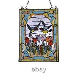Tulips Floral Birds Tiffany Style Stained Glass Hanging Window Panel Suncatcher