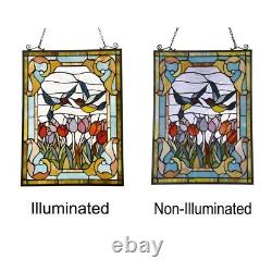 Tulips Floral Birds Tiffany Style Stained Glass Hanging Window Panel Suncatcher