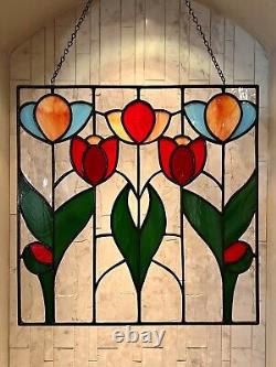 Tulips In Spring Prairie Mission Style Stained Glass Panel 14.5 X14.5