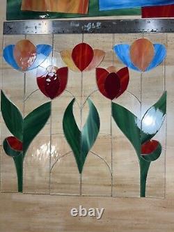 Tulips In Spring Prairie Mission Style Stained Glass Panel 14.5 X14.5