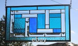 Turquoise & Blues Beveled Stained Glass Window Panel- ready 2 Hang16.5x9.5