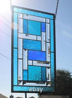 Turquoise & Blues Beveled Stained Glass Window Panel- ready 2 Hang16.5x9.5
