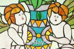 Two baby angel Tiffany Style stained glass Jeweled window panel, 20 x 34