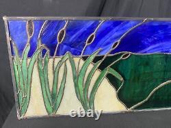 UNIQUE BASS STAINED GLASS TRANSOM WINDOW PANEL- FISHING CABIN LODGE 32x8