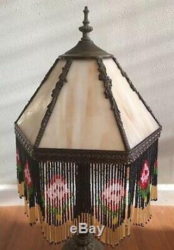 VINTAGE CARAMEL SLAG STAINED GLASS 6 PANEL LAMP SHADE WithBEADED FRINGE & FINIAL