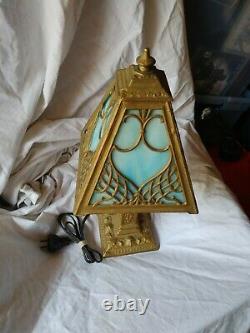 VINTAGE CAST IRON TABLE LAMP with PANEL STAINED GLASS SHADE