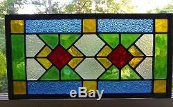 VINTAGE Handcrafted Leaded Stained Glass Window Panel 15 x 8 Red/Amber/Green