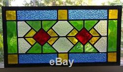 VINTAGE Handcrafted Leaded Stained Glass Window Panel 15 x 8 Red/Amber/Green